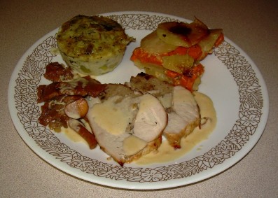 Turkey Roast with Shallots, Nuts & Armagnac Stuffing and Potato & Yam Gratin with Leek & Basil Flan in Cognac & Cream Sauce